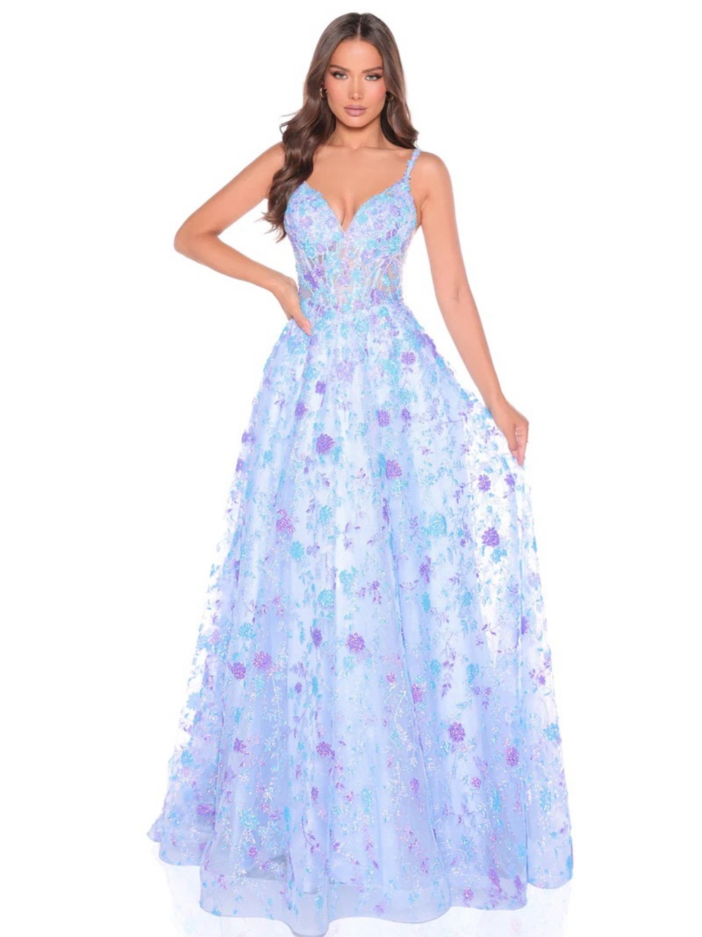 Amarra 88362 Lt Blue/Lilac Floral Prom Gown with V-Neck size 2